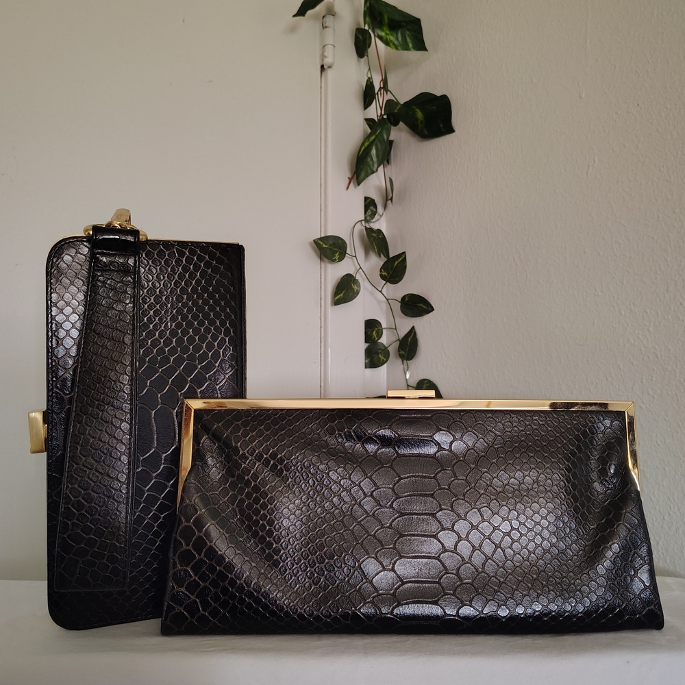 Hobo International | Black & Gold Snakeskin Pattern Clutch And Wristlet Set
